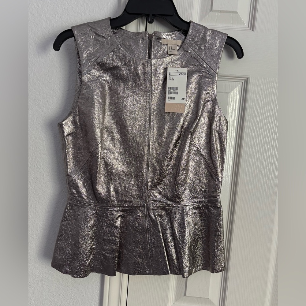 NWT H&M Leather/Suede Silver/Metallic Peplum Top Size 8/38